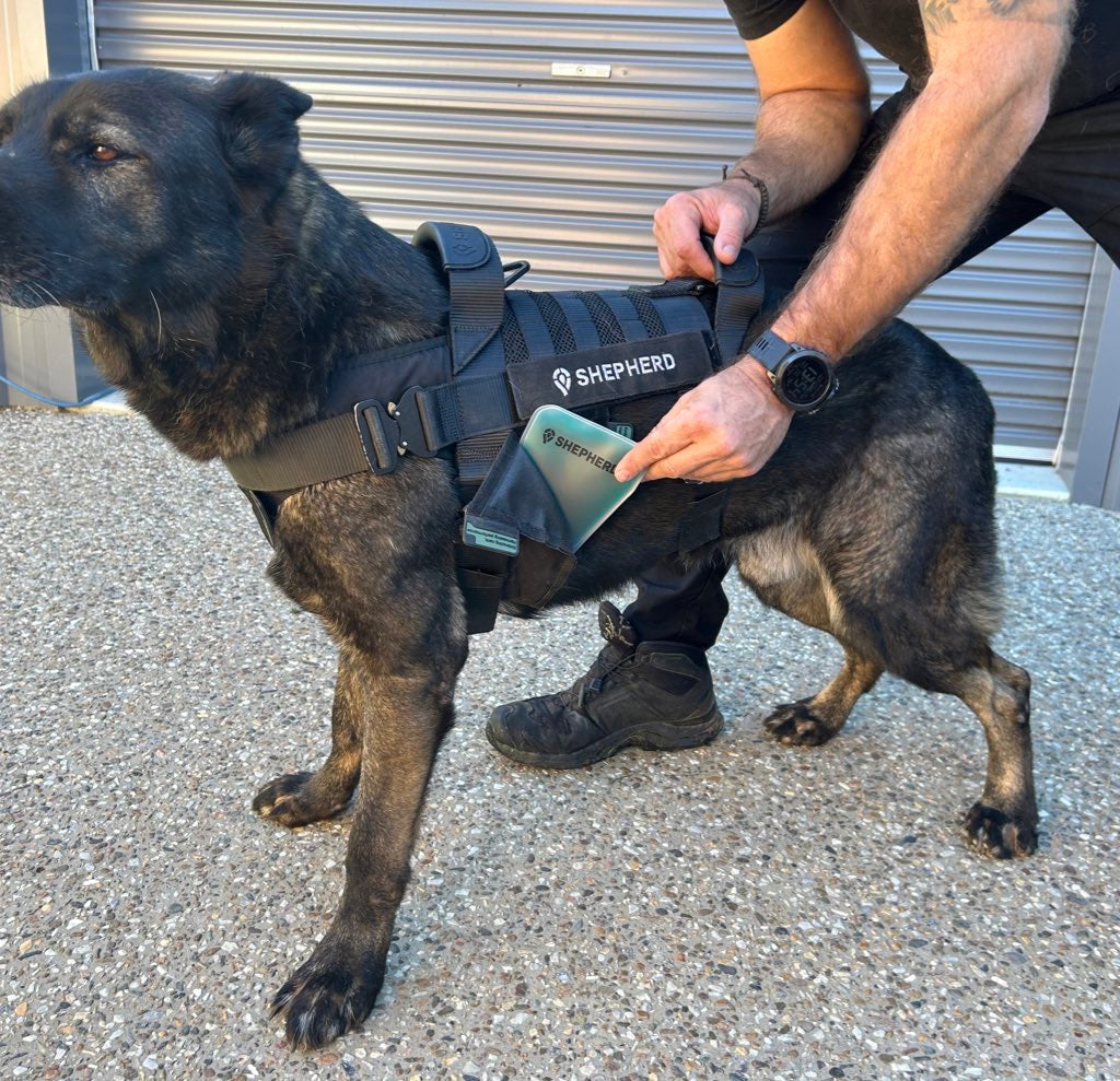K9 unit handler adjusting harness on sable German Shepherd dog. Text overlay: "For those who serve."